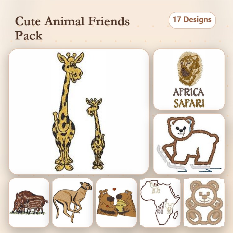 Cute Animal Friends Embroidery Designs Bundle – Giraffe Family, Lion Head, Bear & More (17 Designs)