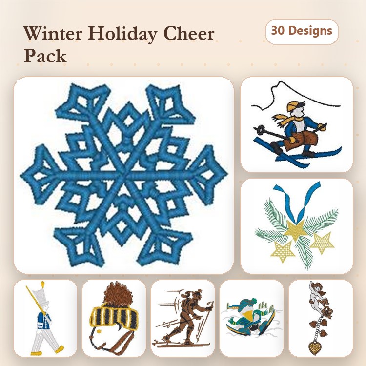 Winter Holiday Embroidery Designs Bundle – Snowflake, Skiing Girl, Star Ornaments & More (30 Designs)