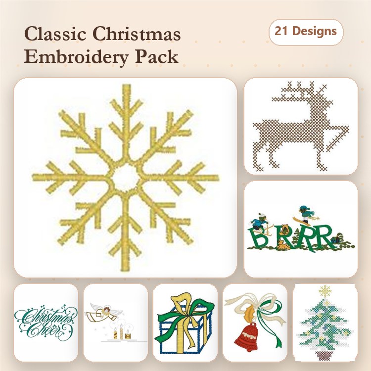 Classic Christmas Embroidery Designs Bundle – Snowflake, Reindeer, Christmas Tree & More (21 Designs)