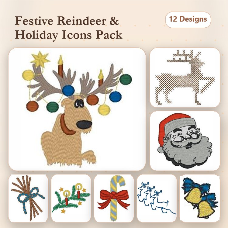 Festive Reindeer & Holiday Icons Embroidery Designs Bundle – Santa Claus, Christmas Tree, Candy Cane & More (12 Designs)
