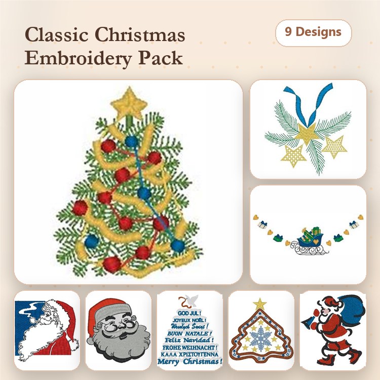 Christmas Tree & Santa Claus Embroidery Bundle – Christmas Stocking, Merry Christmas Phrase, & More (9 Designs)