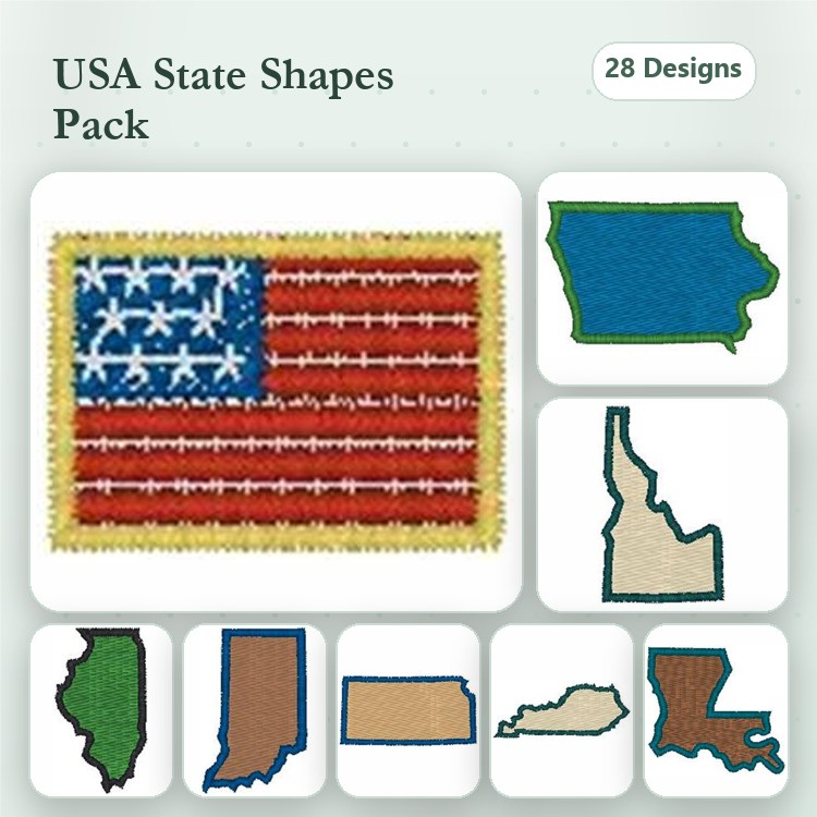 USA State Shapes Embroidery Designs Bundle – Iowa, Idaho, Indiana, Kentucky, Louisiana & More (28 Designs)