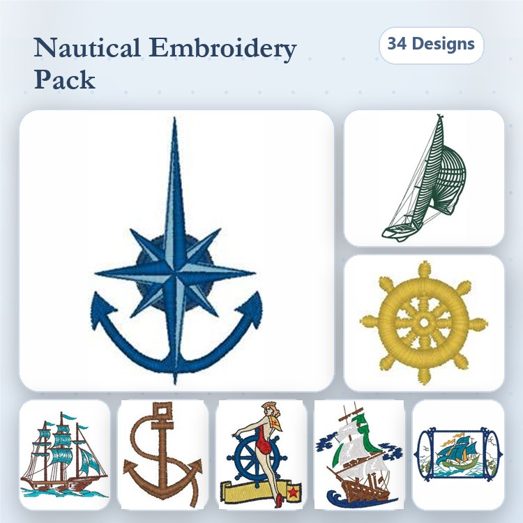 Nautical Elements Embroidery Bundle – Nautical Star, Sailboat, Ship's Wheel & More (34 Designs)