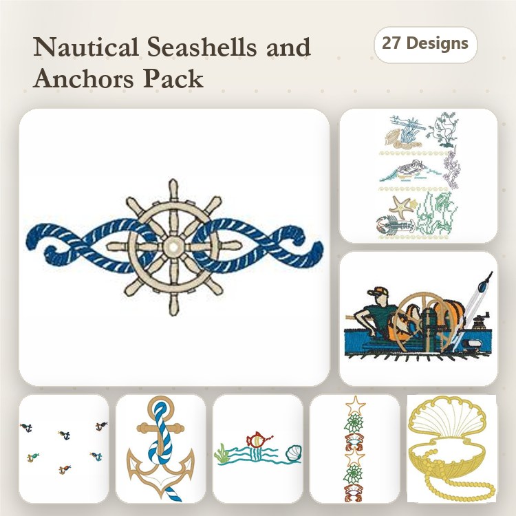Nautical Themes Embroidery Designs Bundle – Nautical Anchor, Ship Wheel, Dolphin & More (27 Designs)