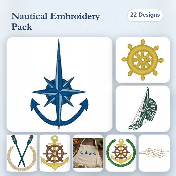 Nautical Embroidery Designs Bundle – Nautical Star, Ship Wheel, Anchor, Sailboat & More (22 Designs)