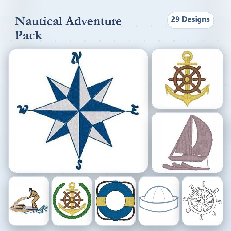 Nautical Themes Embroidery Designs Bundle – Nautical Star, Ship's Wheel, Anchor, Sailboat & More (29 Designs)