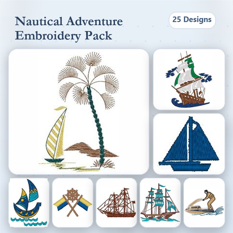 Nautical Adventure Embroidery Designs Bundle – Sailboat, Pirate Ship, Dolphin & More (25 Designs)
