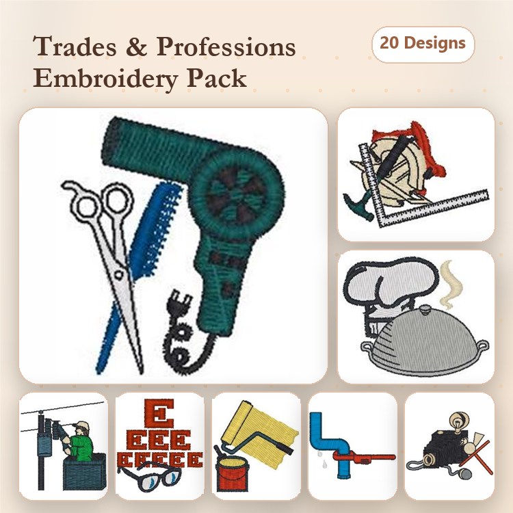 Trades and Professions Embroidery Designs Bundle – Hair Dryer, Hair Cutting Scissors, Chef Hat & More (20 Designs)