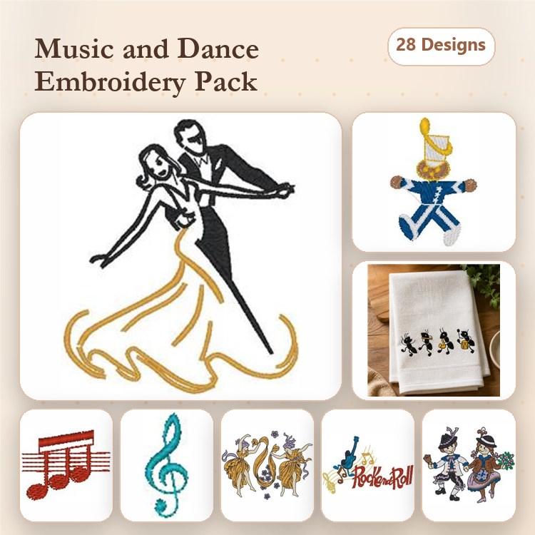 Music & Dance Embroidery Designs Bundle – Dancing Couple, Musical Notes, Saxophonist & More (28 Designs)