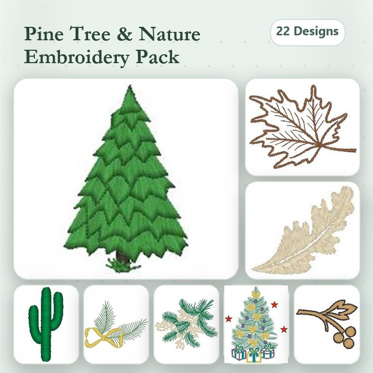 Nature Elements Embroidery Bundle – Pine Tree, Christmas Tree, Maple Leaf & More (22 Designs)