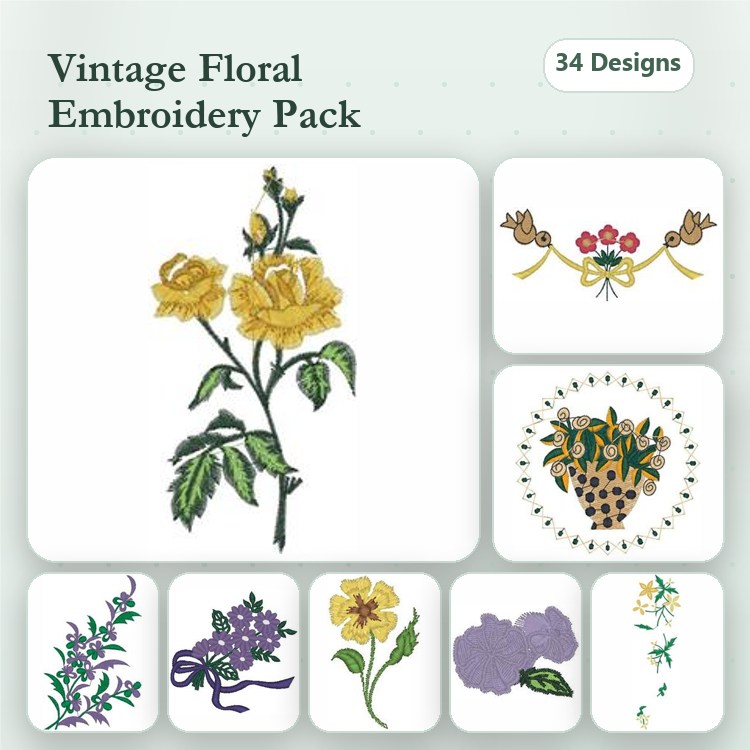 Floral Embroidery Designs Bundle – Yellow Roses, Floral Garland, Violet Bouquet & More (34 Designs)