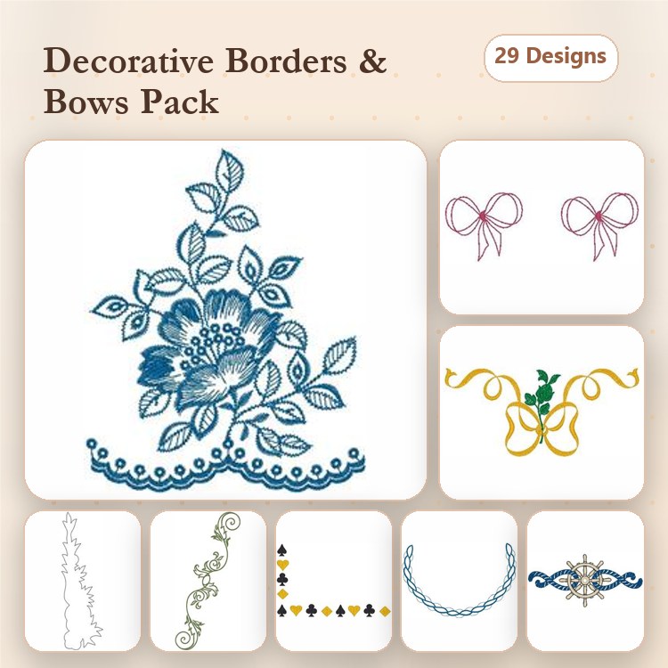 Standard Decorative Borders & Bows Embroidery Bundle – Floral Border, Double Bow, Leafy Swirl & More (29 Designs)