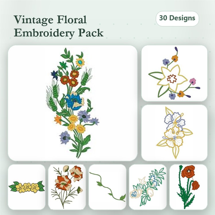 Floral Embroidery Designs Bundle – Wildflower Bouquet, Daisy Floral, Poppy Embroidery & More (30 Designs)