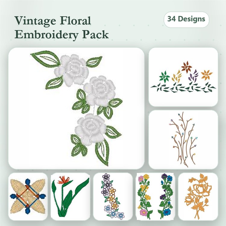 Floral Embroidery Designs Bundle – Rose Branch, Floral Bouquet, Wildflower Arrangement & More (34 Designs)
