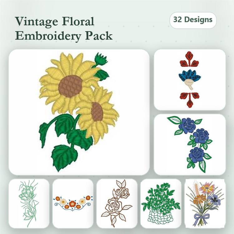 Floral Arrangement Embroidery Bundle – Sunflower Bouquet, Red Floral Ornament, Blue Rose & More (32 Designs)