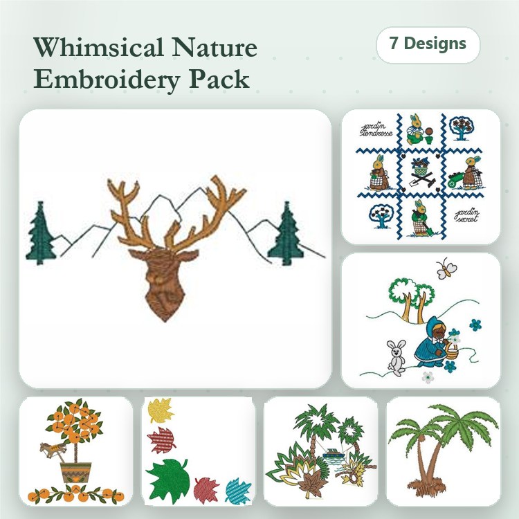 Nature-Inspired Embroidery Designs Bundle – Deer Head, Mountain Scene, Bear with Fish & More (7 Designs)