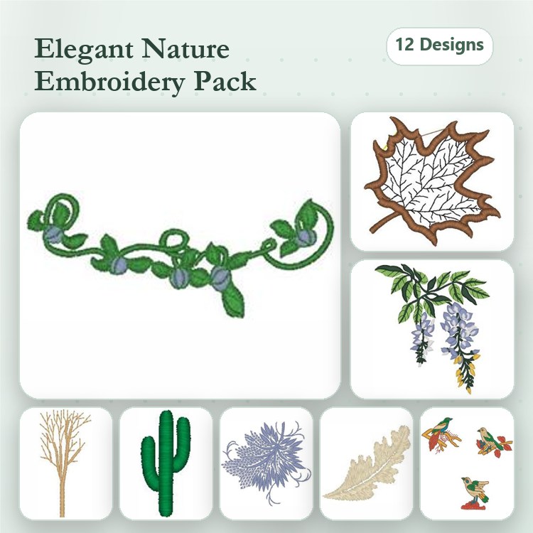 Nature-Inspired Embroidery Designs Bundle – Vine with Leaves, Maple Leaf, Wisteria & More (12 Designs)