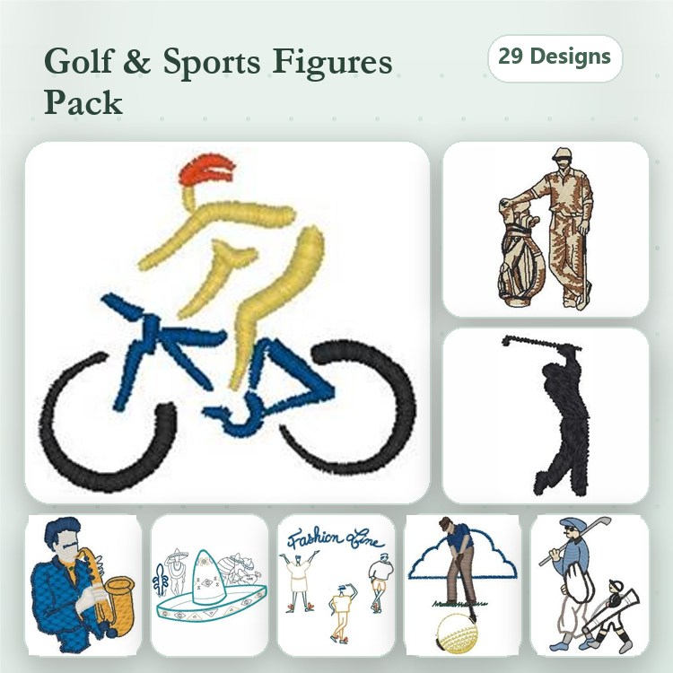 Golf and Sports Figures Embroidery Designs Bundle – Cyclist, Golfer with Clubs, Baseball Player & More (29 Designs)