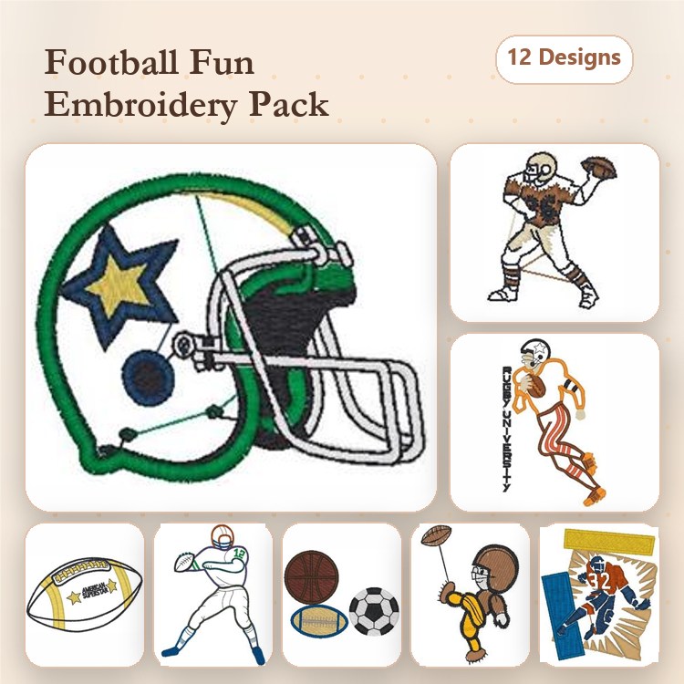 Football Themed Embroidery Designs Bundle – Football Helmet, Quarterback Throwing, Running Player & More (12 Designs)
