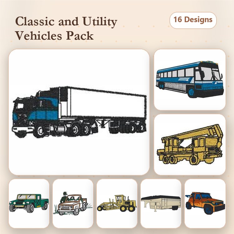 Classic Utility Vehicles Embroidery Designs Bundle – Truck, Bus, Excavator, Police Car & More (16 Designs)