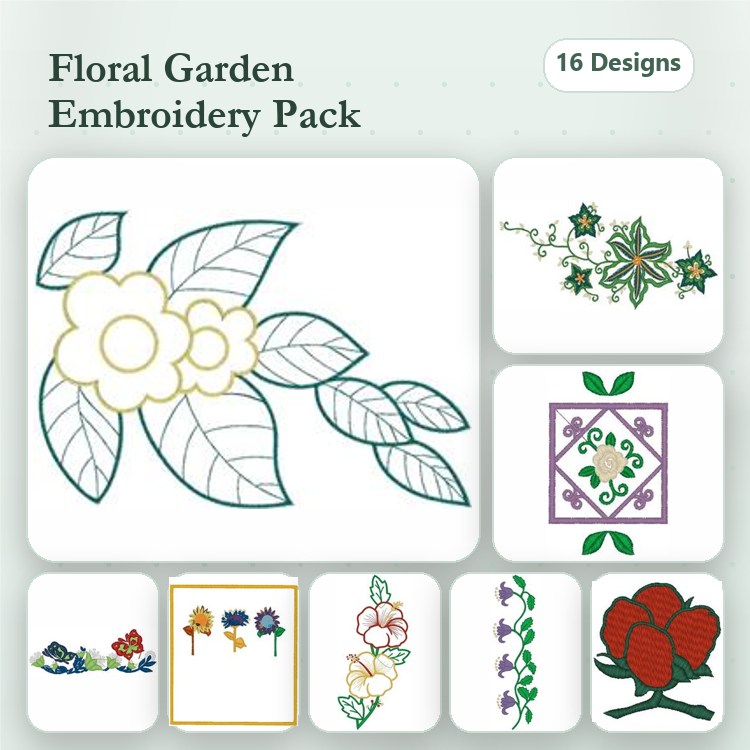 Floral Embroidery Designs Bundle – Flower Branch, Tropical Leaves, Floral Bouquet & More (16 Designs)