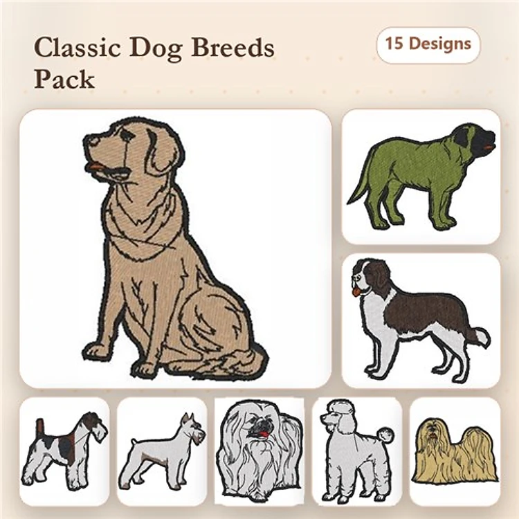 Dog Breed Embroidery Designs Bundle – Border Collie, Lhasa Apso, Pointer & More (15 Designs)