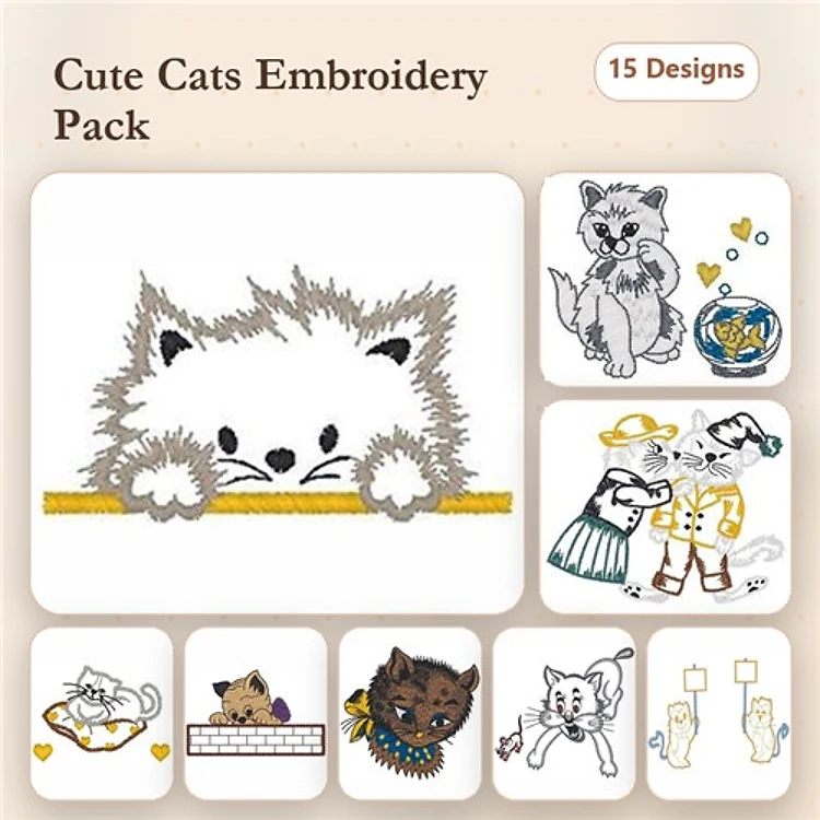 Cute Cats Embroidery Bundle – Fluffy Kitten, Playful Cat, Cat with Fishbowl & More (15 Designs)