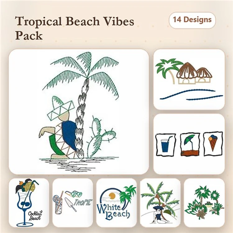 Tropical Beach Embroidery Designs Bundle – Palm Tree, Beach Hut, Tropical Cocktail & More (14 Designs)