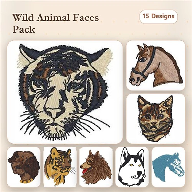 Cat, Tiger, Lion & Zebra Embroidery Bundle – Wild Animal Designs