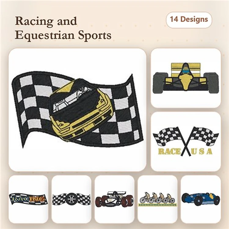 Racing and Equestrian Sports Embroidery Designs Bundle – Race Car, Checkered Flag, Horse and Jockey & More (14 Designs)