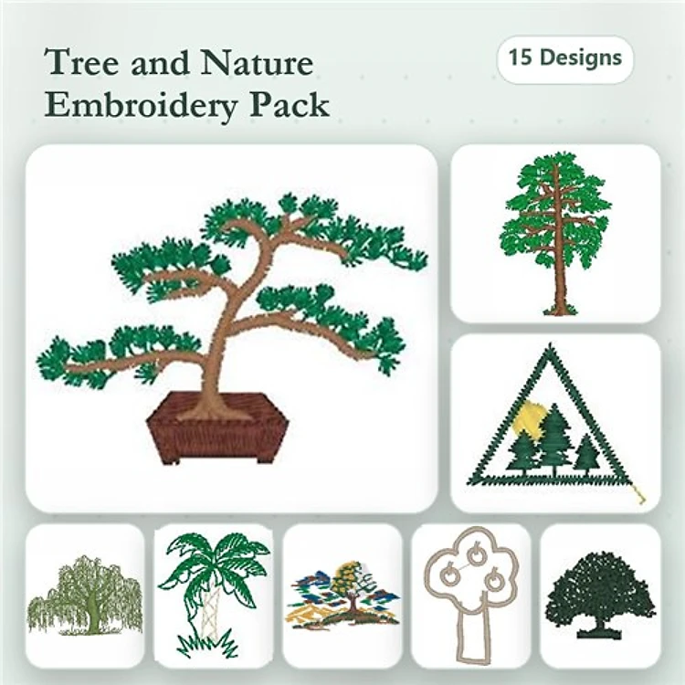 Trees and Nature Embroidery Designs Bundle – Bonsai Tree, Pine Tree, Mountain with Trees & More (15 Designs)