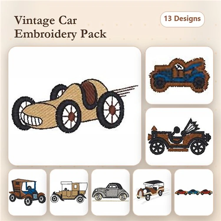 Vintage Cars Embroidery Designs Bundle – Race Car, Classic Convertible, Antique Car, Model T & More (13 Designs)