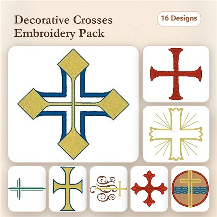 Decorative Cross Embroidery Designs Bundle – Blue Center, Red, Gold Outline & More (16 Designs)