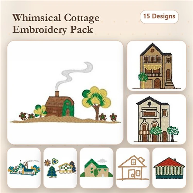 Cottage & House Embroidery Designs Bundle – Charming Cottage, Colorful Cottage, Tree with Leaves & More (15 Designs)