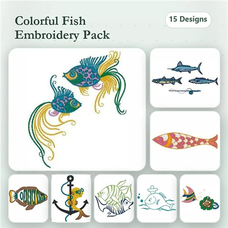 Colorful Fish Embroidery Designs Bundle – Tropical Fish with Flowing Fins, Bluefish, School of Sharks & More (15 Designs)