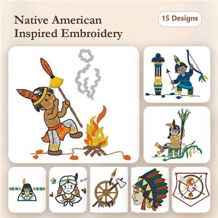 Native American Inspired Embroidery Designs Bundle – Boy with Fire, Indian Chief, Dreamcatcher & More (15 Designs)
