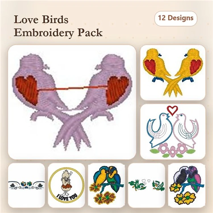 Love Birds Embroidery Designs Bundle – Love Birds with Heart, Cute Love Birds, Two Love Birds with Hearts & More (12 Designs)