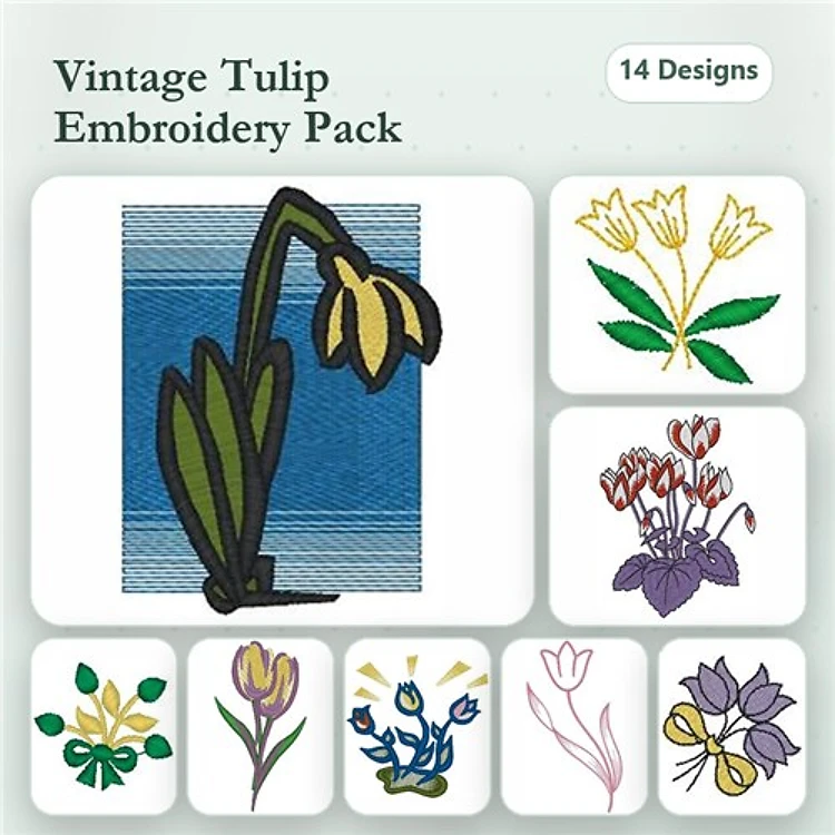 Floral Embroidery Bundle – Yellow Tulip, White Tulips, Purple Flower Bouquet & More (14 Designs)
