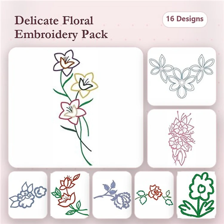 Redwork Floral Embroidery Designs Bundle – Floral Wreath, Pink Floral Arrangement, Red Rose Design & More (16 Designs)