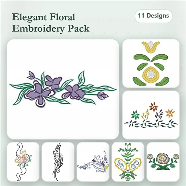 Elegant Floral Embroidery Designs Bundle – Violet Floral Arrangement, Simple Floral Vine, Floral Motif with Leaves & More (11 Designs)