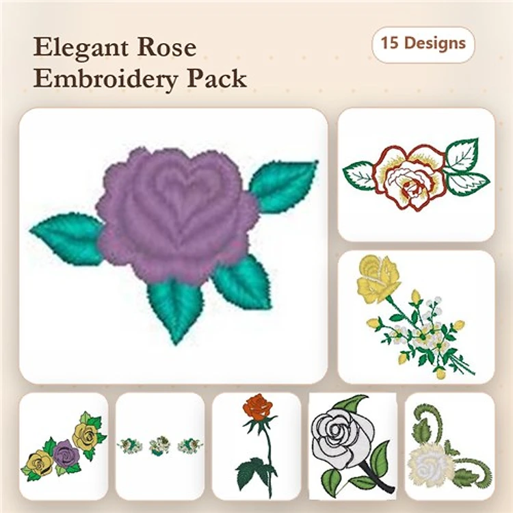 Elegant Rose Embroidery Designs Bundle – Purple Rose, Yellow Rose, Red Rose & More (15 Designs)