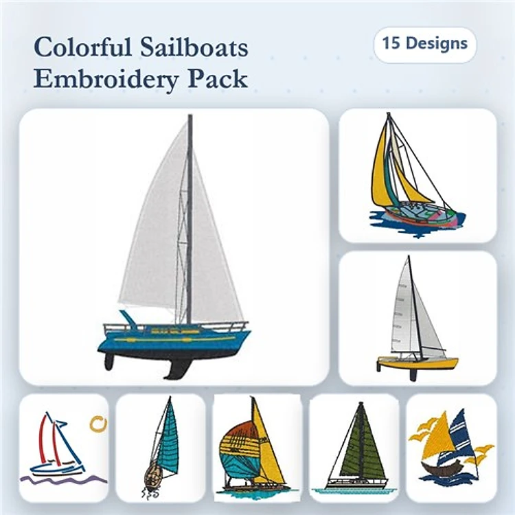 Colorful Sailboat Embroidery Designs Bundle – Sailboat with Blue Hull, Sailboat with Red and Yellow Sails, Sailboat in Harbor & More (15 Designs)