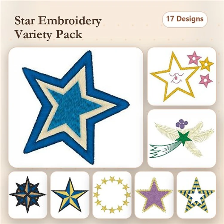 Star Embroidery Designs Bundle – Blue Star with Outline, Yellow Star with Smile, Green Star with Flowers & More (17 Designs)