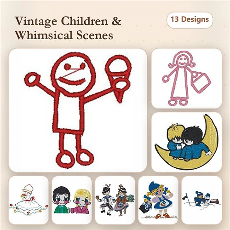 Redwork Vintage Children Embroidery Designs Bundle – Child with Ice Cream, Girl with Purse, Children on Moon & More (13 Designs)