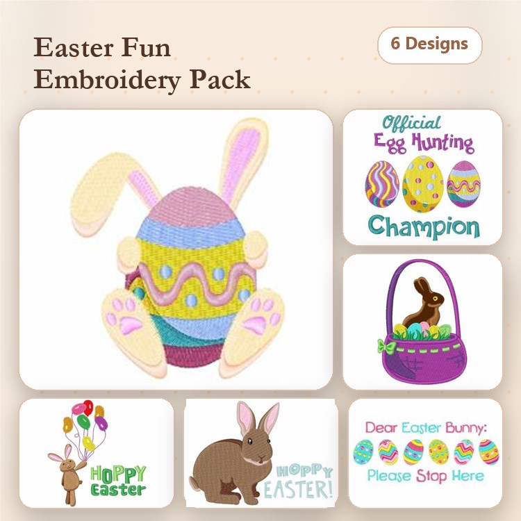 Easter Bunny & Egg Embroidery Designs Bundle – Colorful Easter Egg, Bunny with Basket, Hoppy Easter & More (6 Designs)