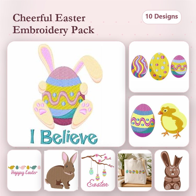 Easter Embroidery Designs Bundle – Easter Egg with Decorations, Easter Bunny, Easter Chicken & More (10 Designs)