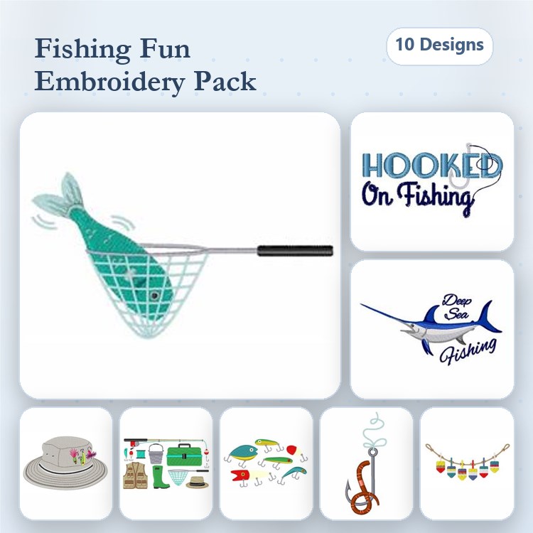Fishing Fun Embroidery Designs Bundle – Fish in Net, Hooked On Fishing Text, Fishing Gear & More (10 Designs)
