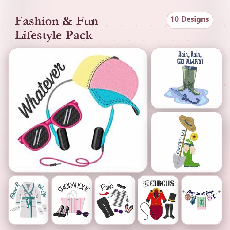 Fashion Accessories Embroidery Bundle – Baseball Cap with Sunglasses, Rain Boots, Rain Umbrella & More (10 Designs)