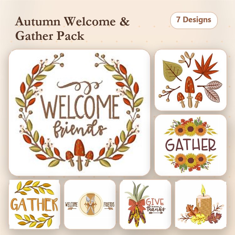 Autumn Welcome and Gather Embroidery Designs Bundle – Welcome Friends Wreath, Gather with Sunflowers, Autumn Leaves & More (7 Designs)