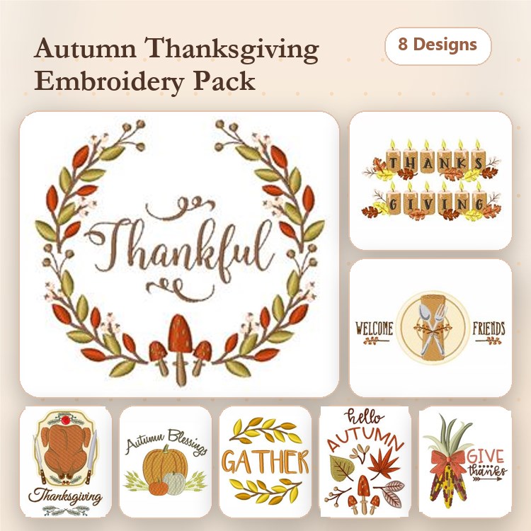 Thanksgiving and Autumn Embroidery Designs Bundle – Thankful Wreath, Thanksgiving Turkey, Autumn Blessings & More (8 Designs)